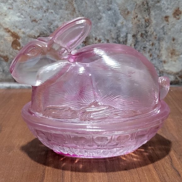 VTG Pink Purple Easter Bunny Rabbit Glass Covered Trinket Oval Candy Dish Transl - Picture 12 of 13